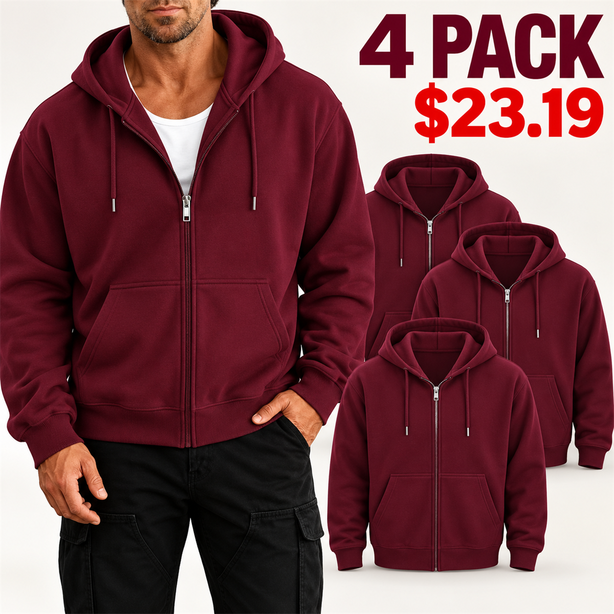 4- or 8-Pack Men's Relaxed-Fit Full-Zip Hoodies - 4-Pack (Burgundy)