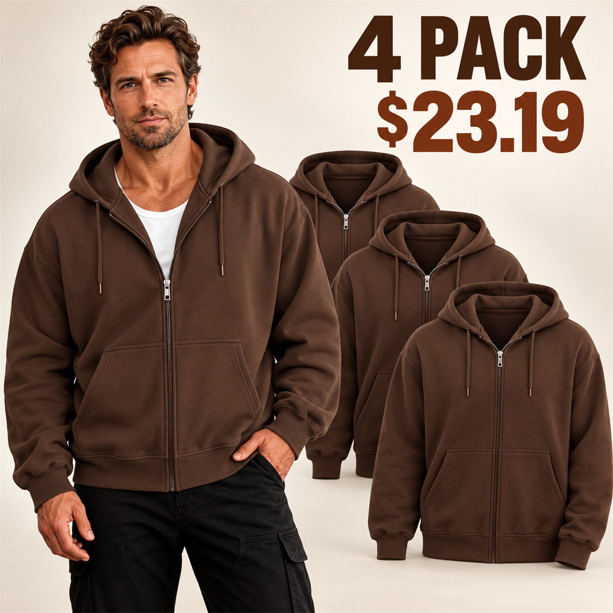4- or 8-Pack Men's Relaxed-Fit Full-Zip Hoodies - 4-Pack (Brown)