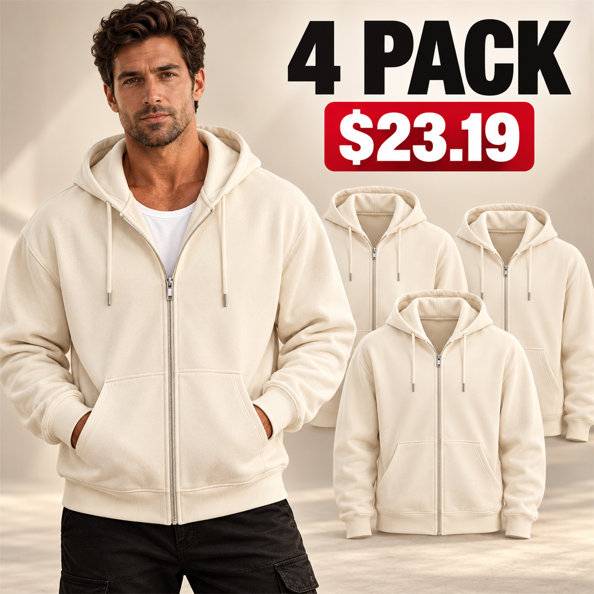 4- or 8-Pack Men's Relaxed-Fit Full-Zip Hoodies - 4-Pack (Cream)
