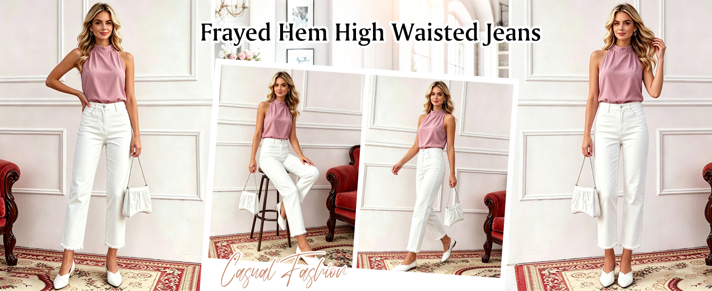 Frayed Raw Hem Stretch High Rise Jeans with Pockets