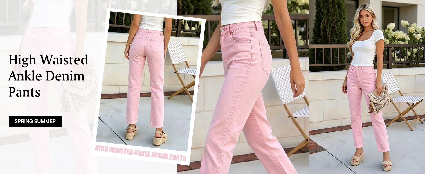 Spring Summer Frayed Hem High Waisted Ankle Denim Pants