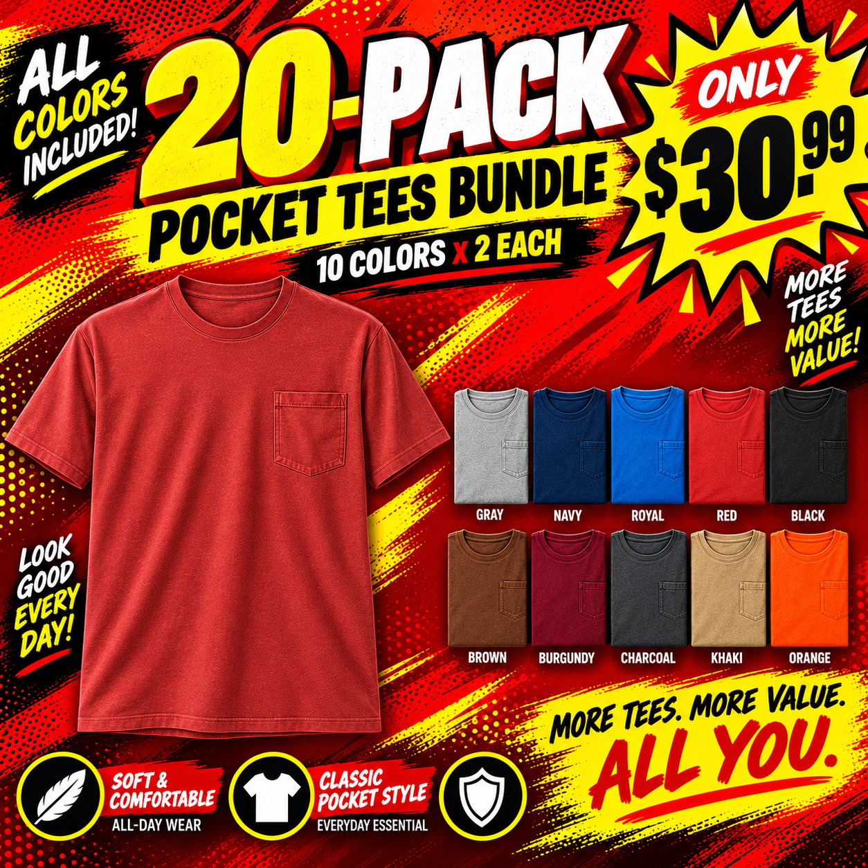 Men's Big & Tall Garment-Dyed Pocket T-Shirt Multi-Pack