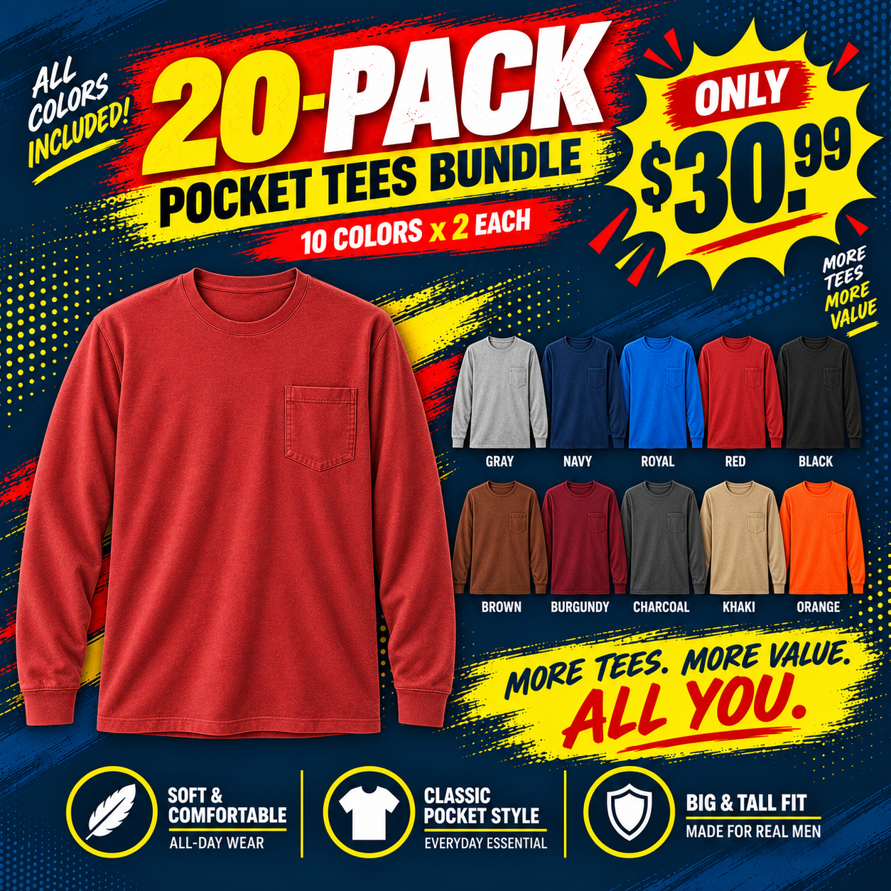 Men's Big & Tall Garment-Dyed Pocket T-Shirt Multi-Pack