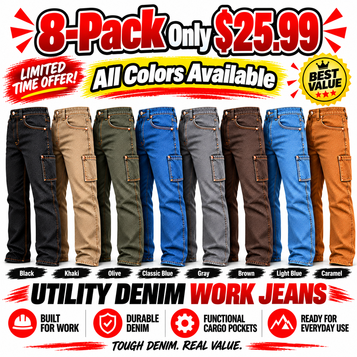 Men's Utility Denim Work Jeans with Gusset & Phone Pocket Multipacks