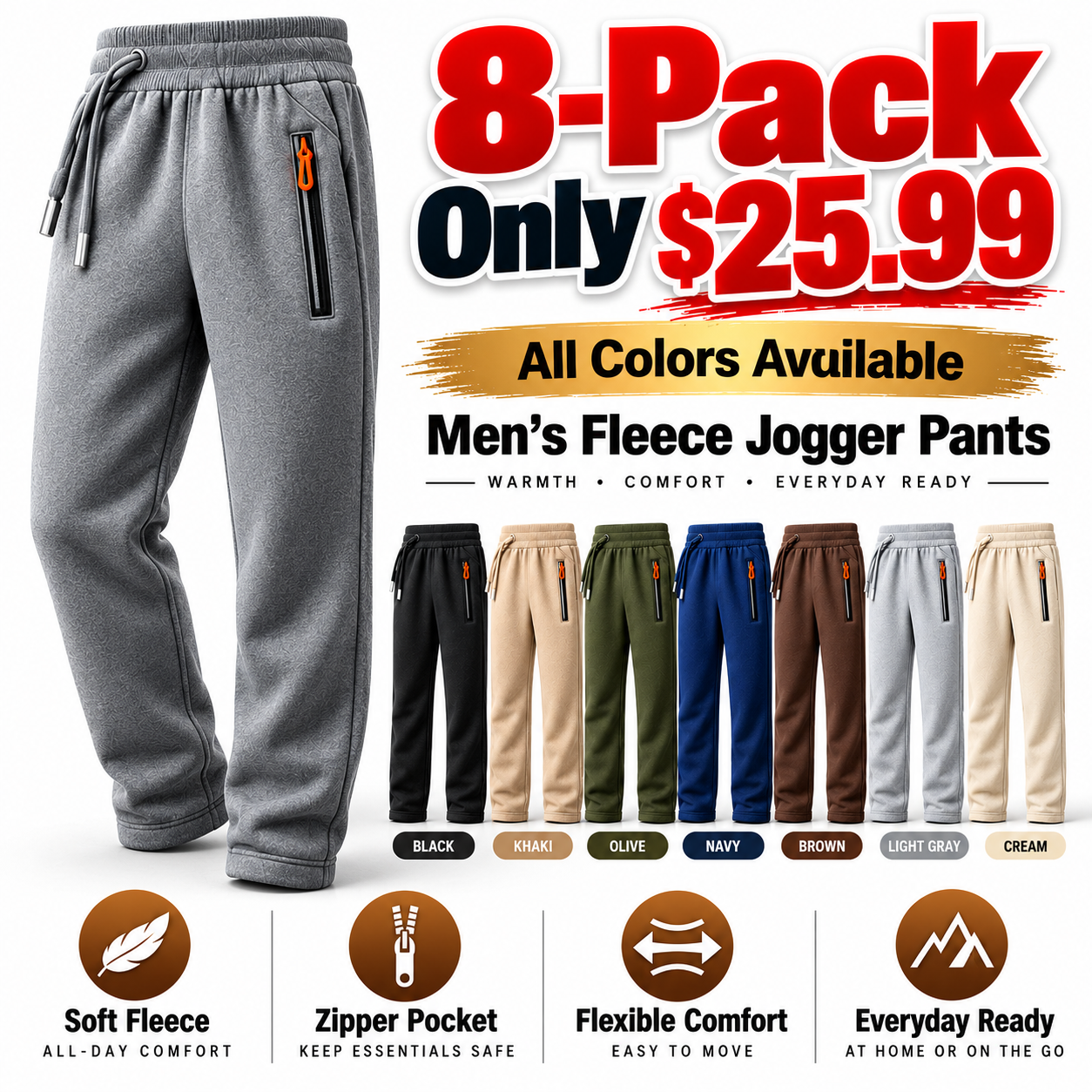 Men's Cotton Drawstring Zip-Pocket Pants Multipacks