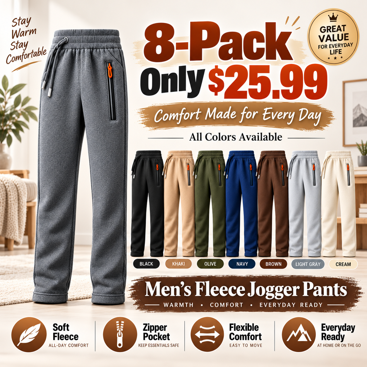 Men's Cotton Drawstring Zip-Pocket Pants Multipacks