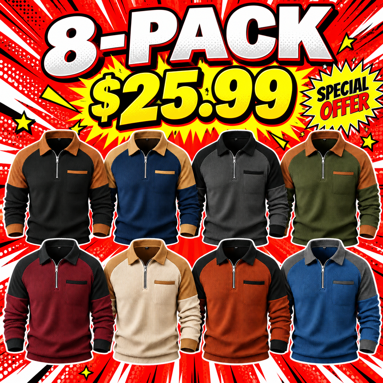 Men's Contrast-Yoke Waffle-Knit Quarter-Zip Pullover Multipacks
