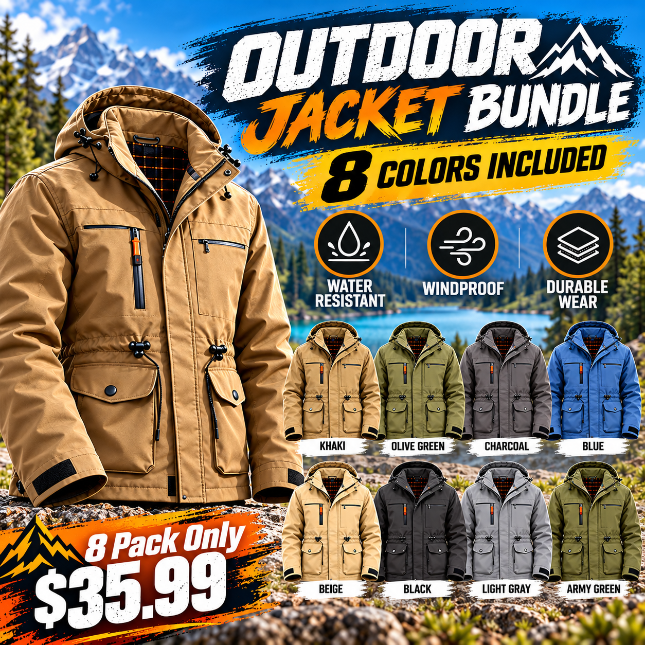 4- or 8-Pack Men's Hooded Multi-Pocket Field Jackets