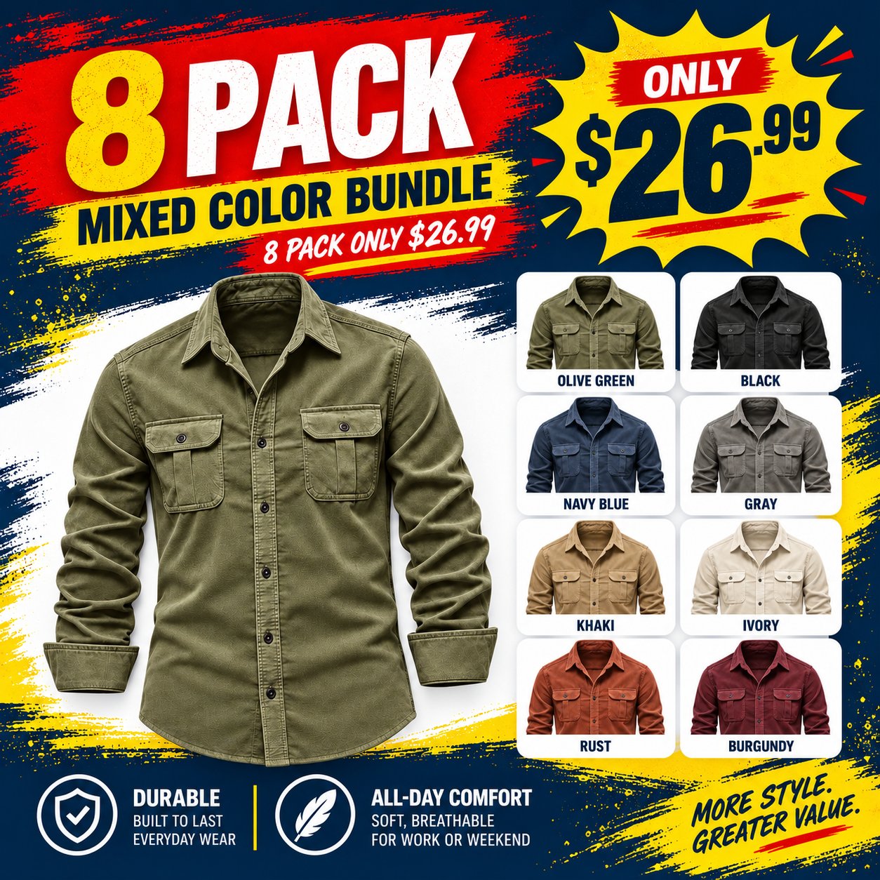 Men's Double-Flap Pocket Button-Up Shirt Multipack