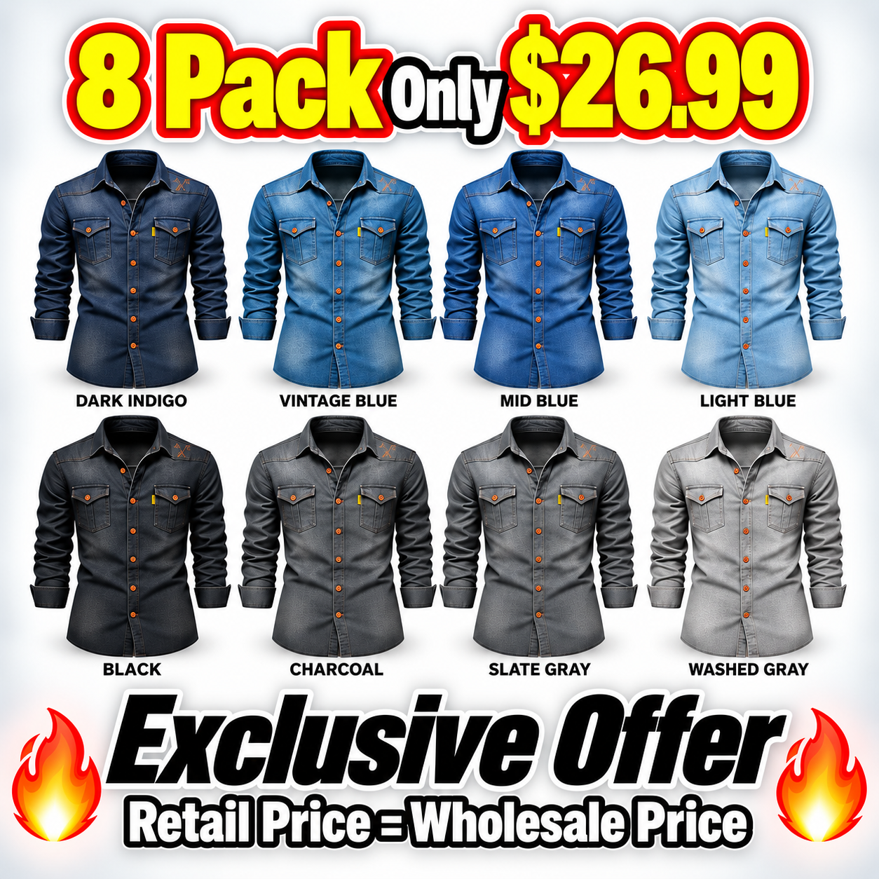 Men's Dark Denim Flap-Pocket Shirt Multipack