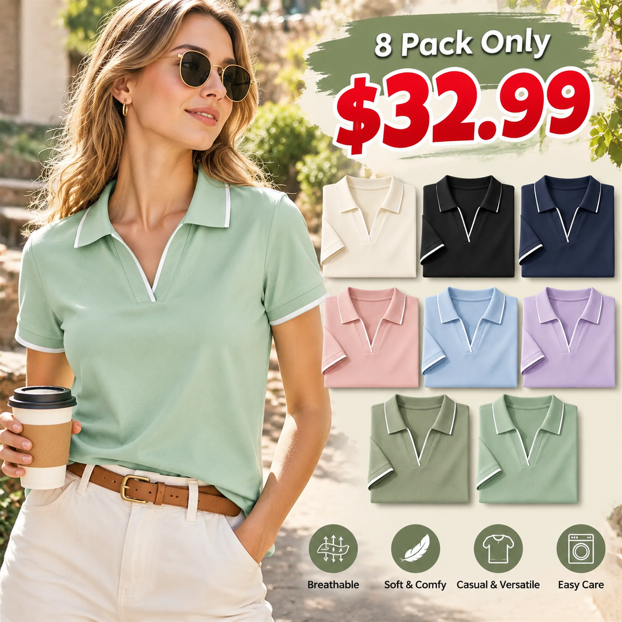 Women's Contrast-Trim Short-Sleeve Polo Multipack