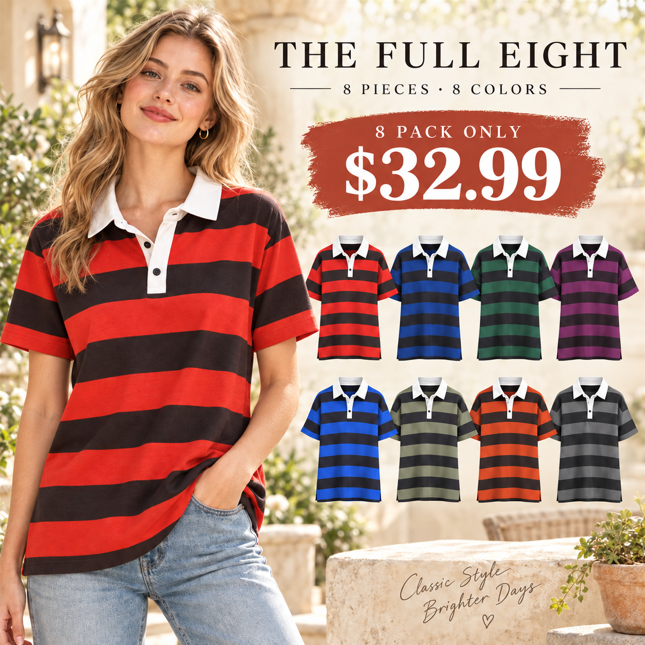 Women's Striped Rugby-Style Polo Shirt Multipack