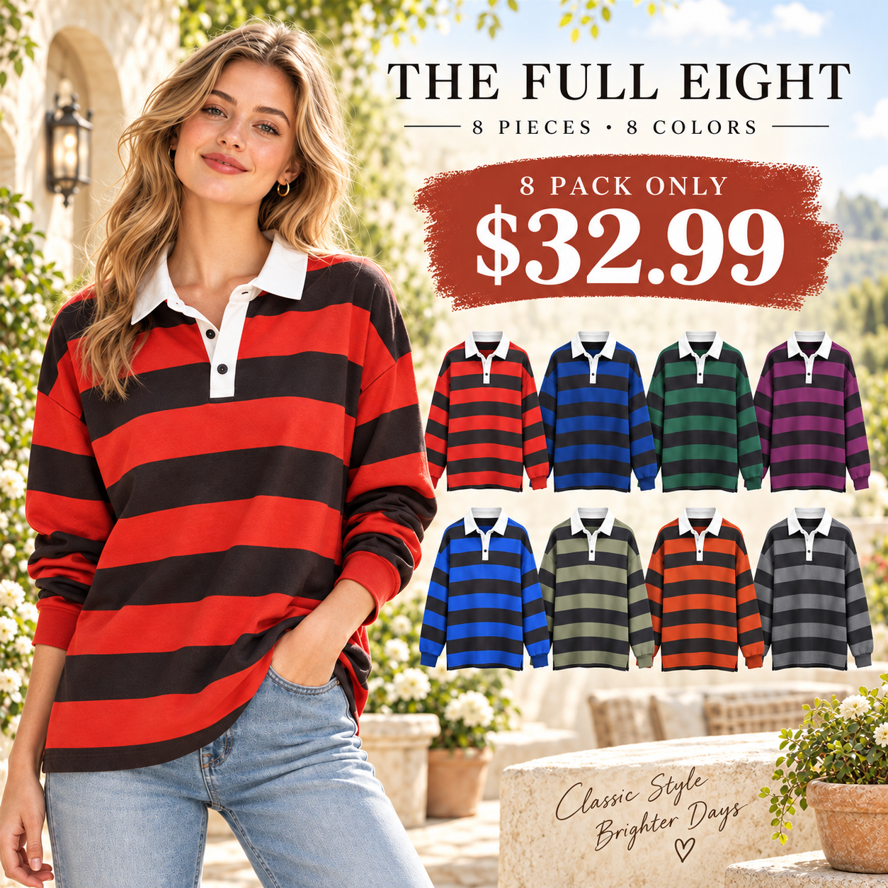 Women's Striped Rugby-Style Polo Shirt Multipack