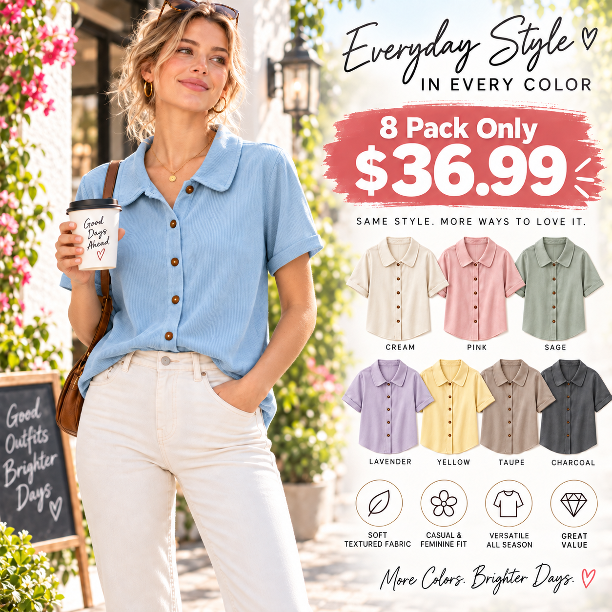 Women's Blue Ribbed Button-Front Blouse Multipack