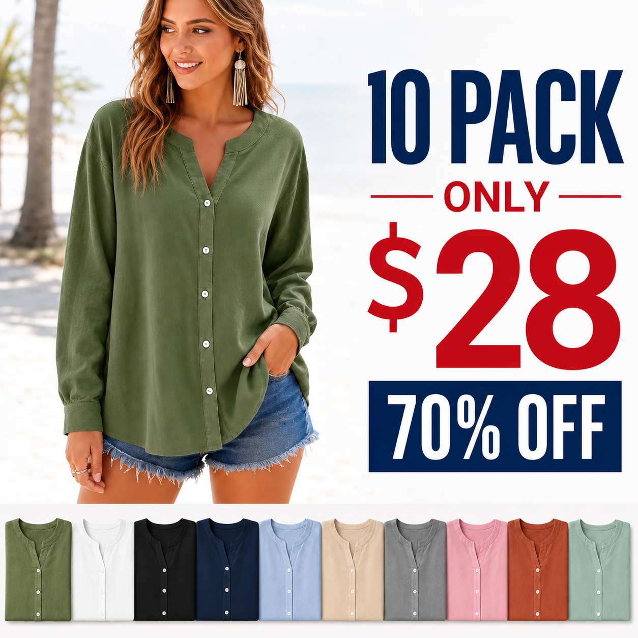 ⏰Store Closing Clearance⚡10 Pack for $28⚡Women's Relaxed Henley Blouse