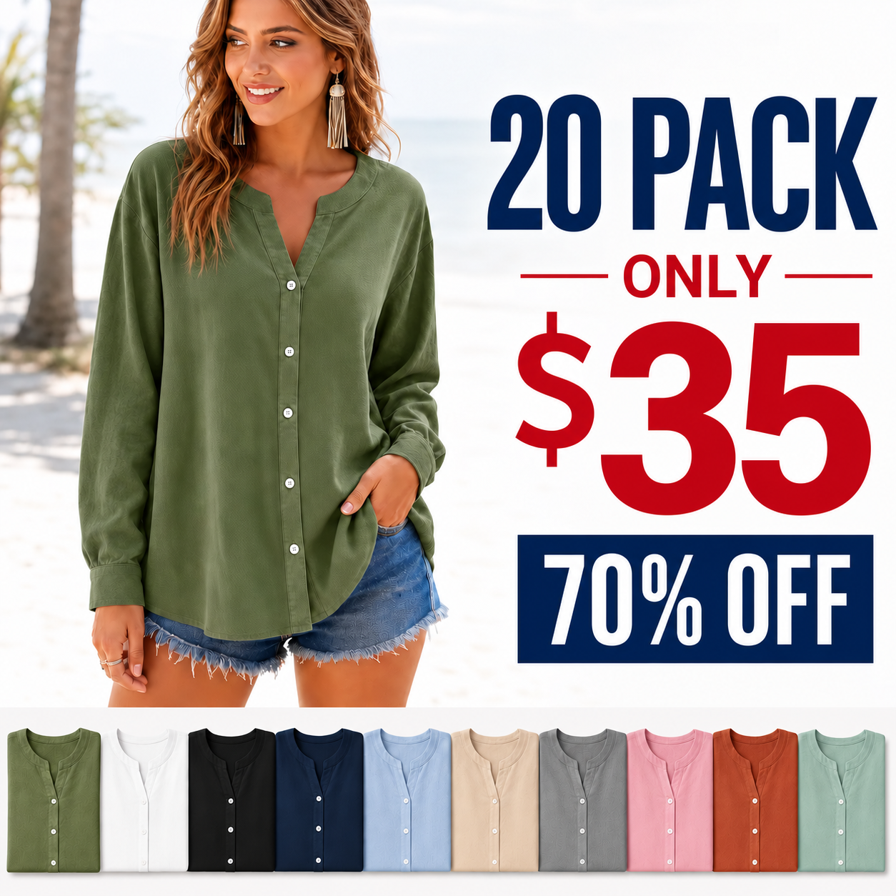 ⏰Store Closing Clearance⚡10 Pack for $28⚡Women's Relaxed Henley Blouse