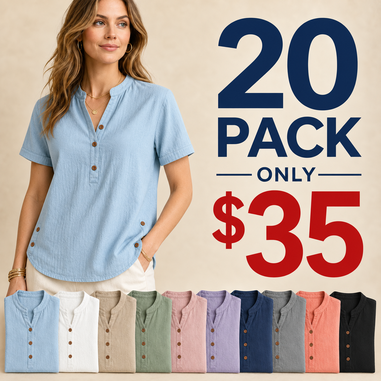 ⏰Store Closing Clearance⚡10 Pack for $28⚡Women's Washed Cotton Linen Band Collar Blouse