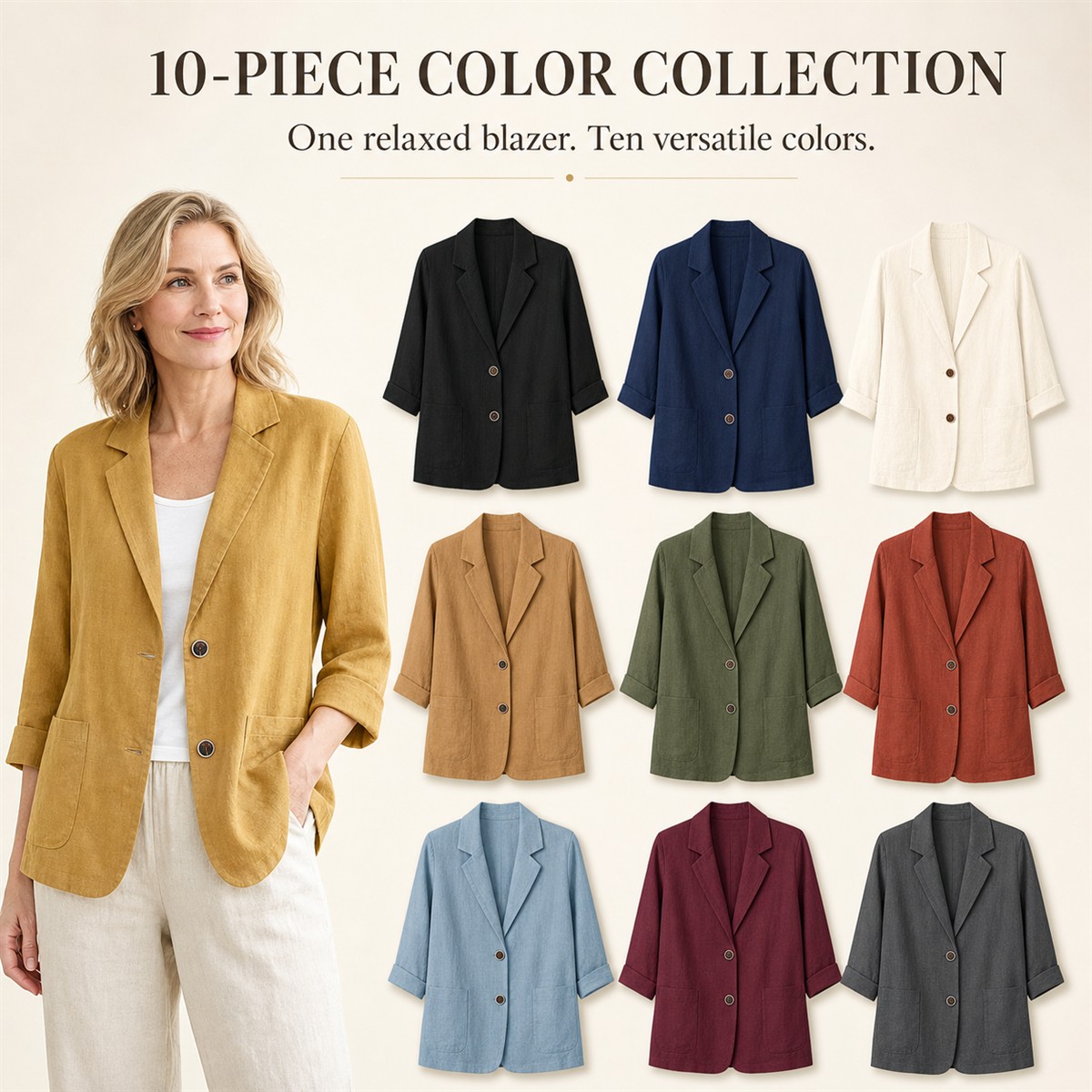 Women's Relaxed Linen-Look Three-Quarter Sleeve Blazer - 10-Pack Complete Color Collection - $39.99