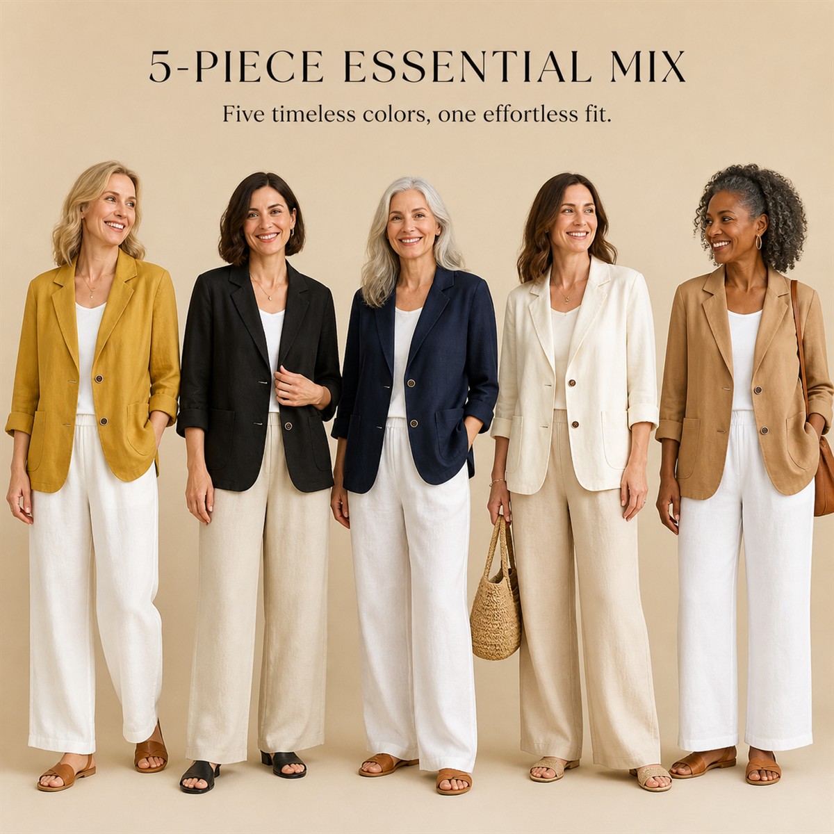 Women's Relaxed Linen-Look Three-Quarter Sleeve Blazer - 5-Piece Classic Color Set - $31.99