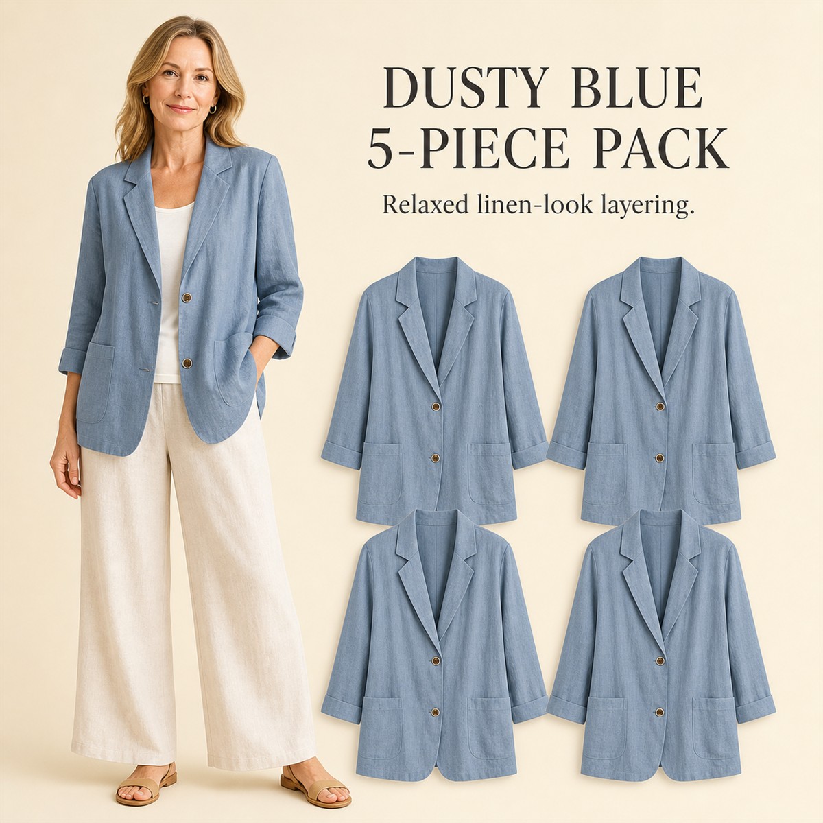 Women's Relaxed Linen-Look Three-Quarter Sleeve Blazer - 5-Piece Dusty Blue Set - $23.99