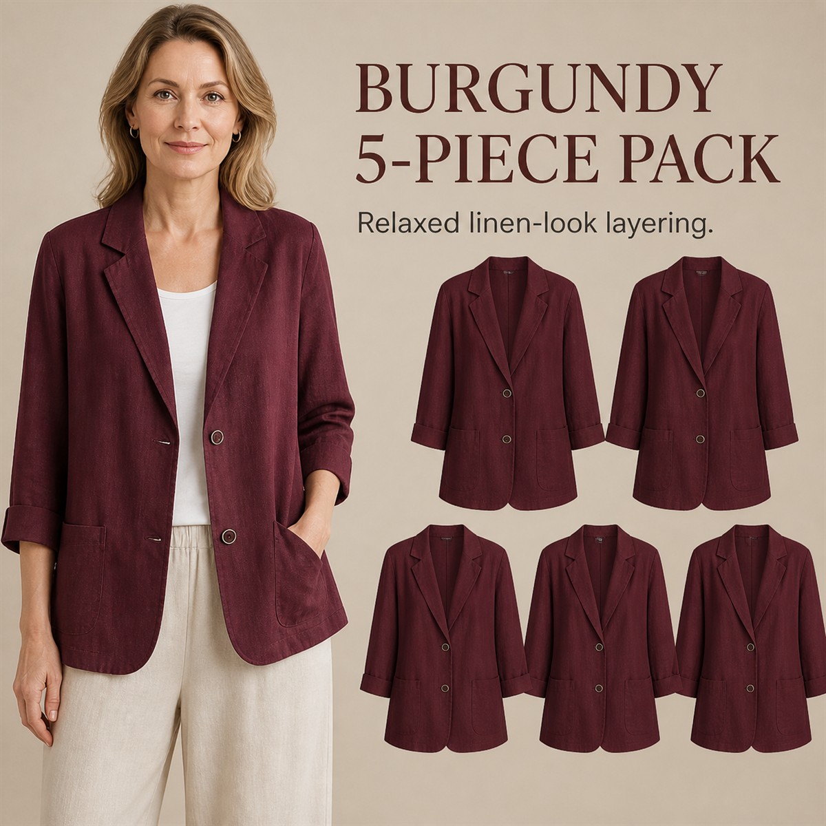 Women's Relaxed Linen-Look Three-Quarter Sleeve Blazer - 5-Piece Burgundy Set - $23.99