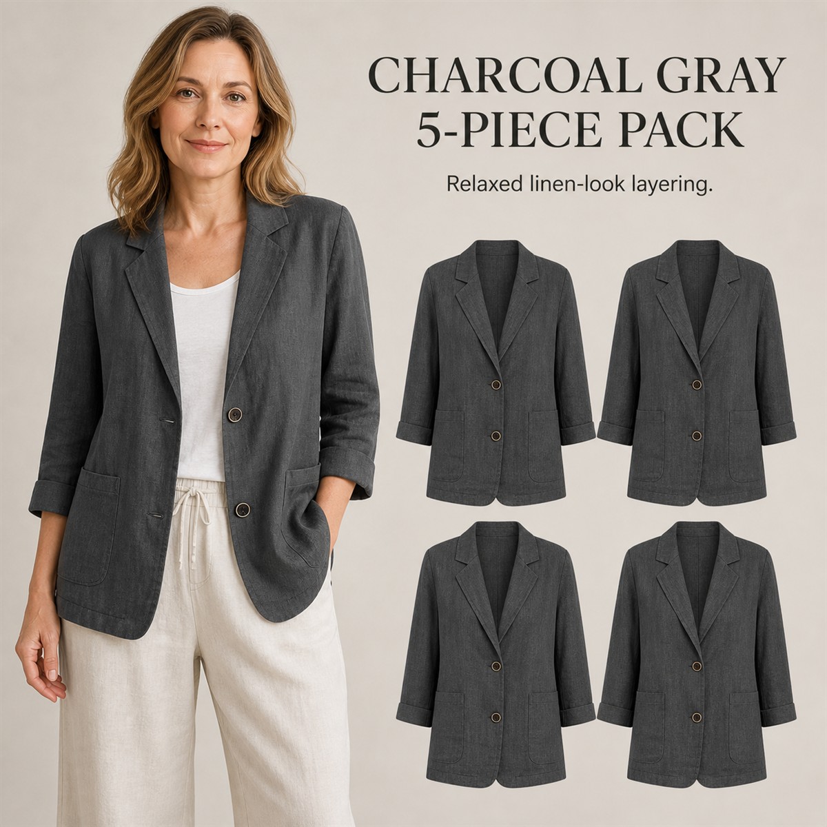 Women's Relaxed Linen-Look Three-Quarter Sleeve Blazer - 5-Piece Charcoal Gray Set - $23.99