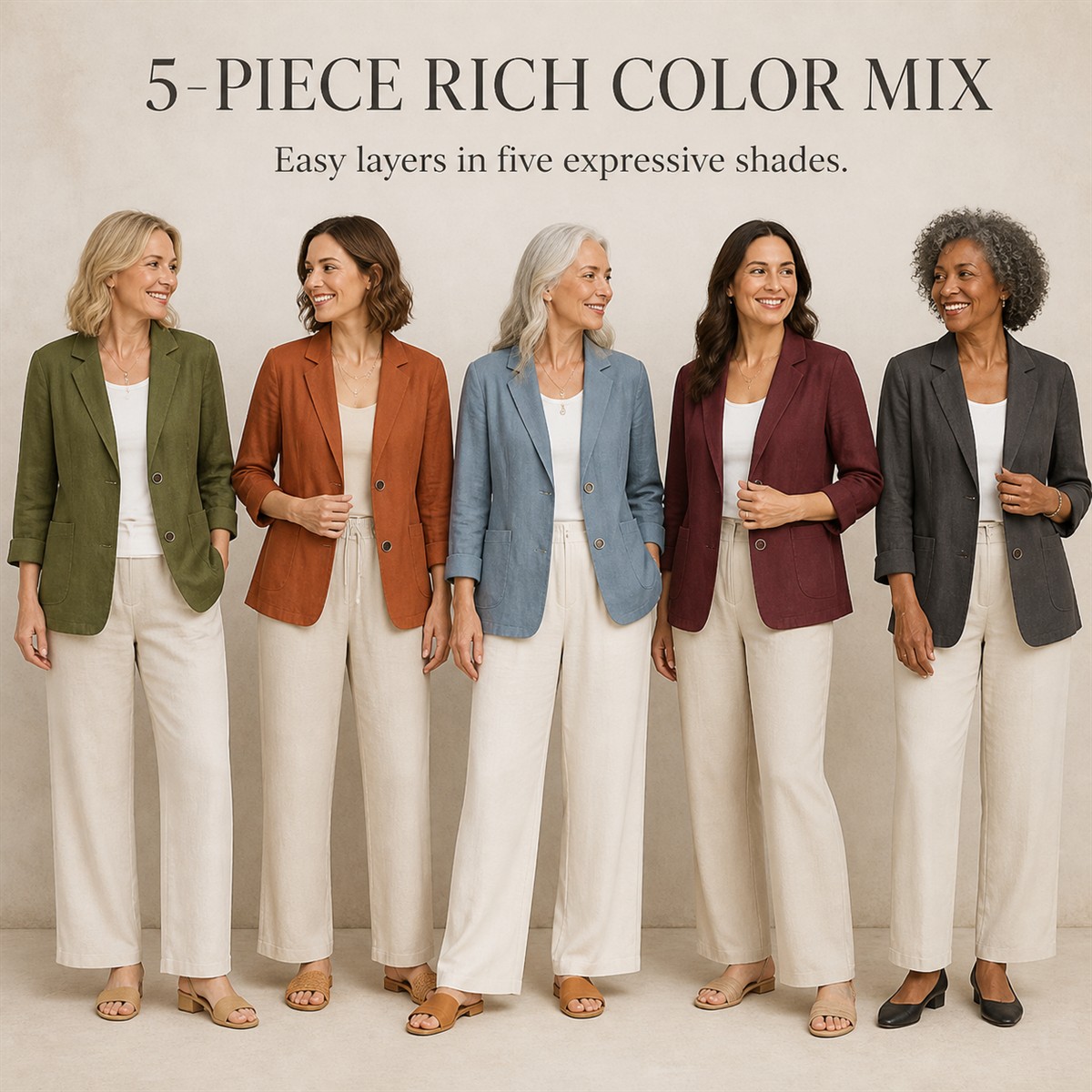 Women's Relaxed Linen-Look Three-Quarter Sleeve Blazer - 5-Piece Soft Color Set - $31.99