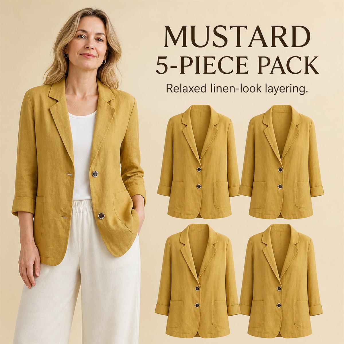 Women's Relaxed Linen-Look Three-Quarter Sleeve Blazer - 5-Piece Mustard Set - $23.99