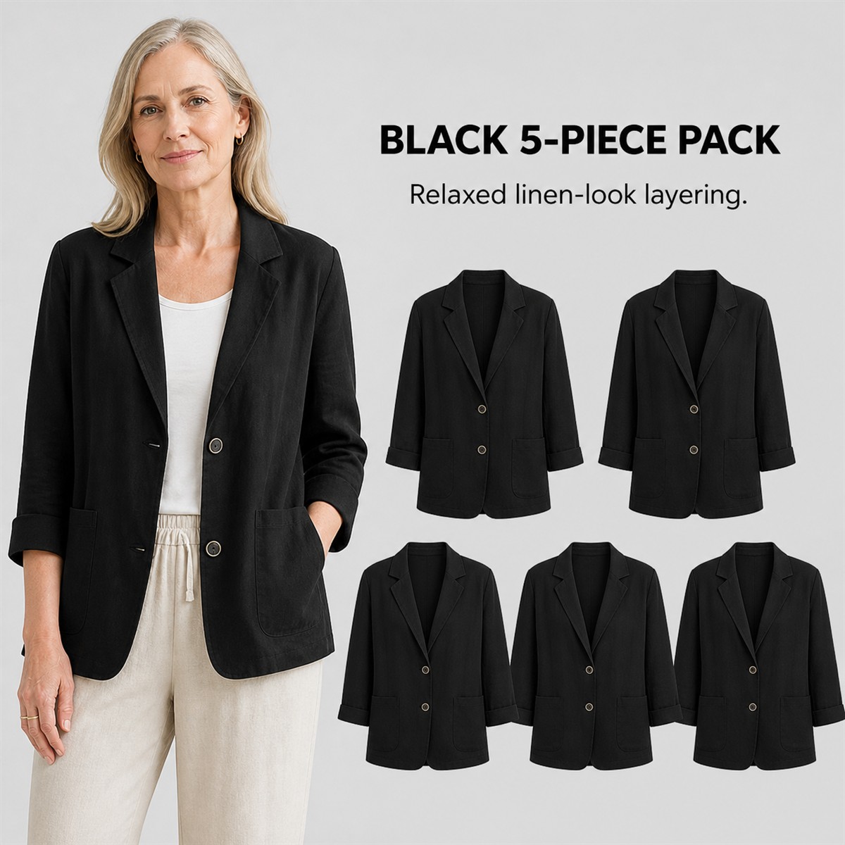 Women's Relaxed Linen-Look Three-Quarter Sleeve Blazer - 5-Piece Black Set - $23.99