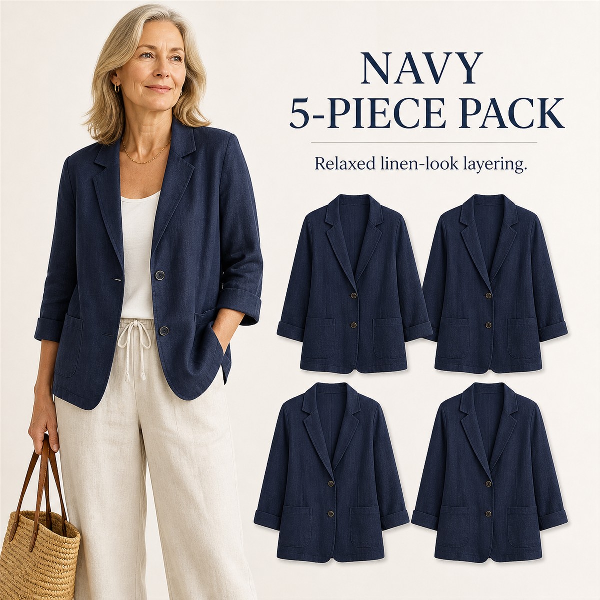 Women's Relaxed Linen-Look Three-Quarter Sleeve Blazer - 5-Piece Navy Set - $23.99