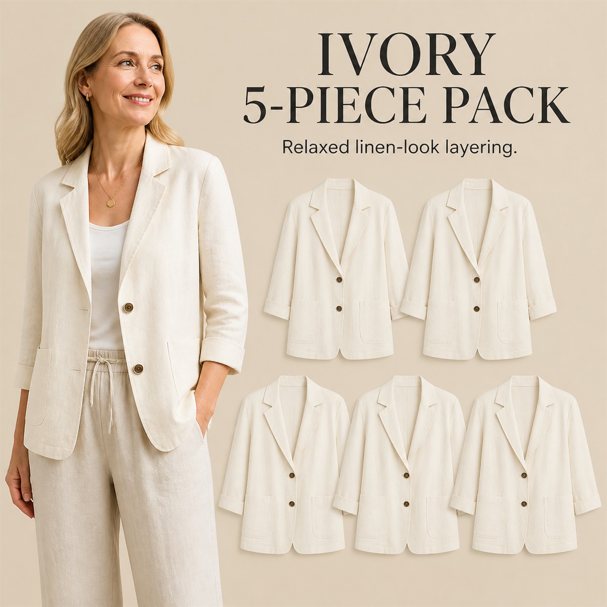 Women's Relaxed Linen-Look Three-Quarter Sleeve Blazer - 5-Piece Ivory Set - $23.99