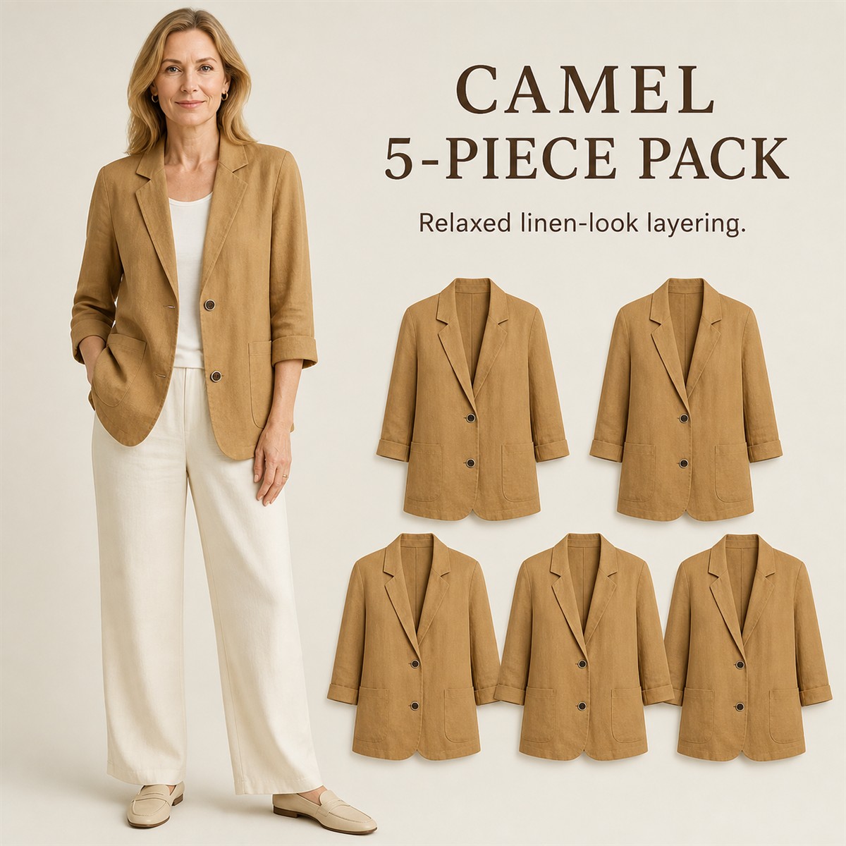 Women's Relaxed Linen-Look Three-Quarter Sleeve Blazer - 5-Piece Camel Set - $23.99