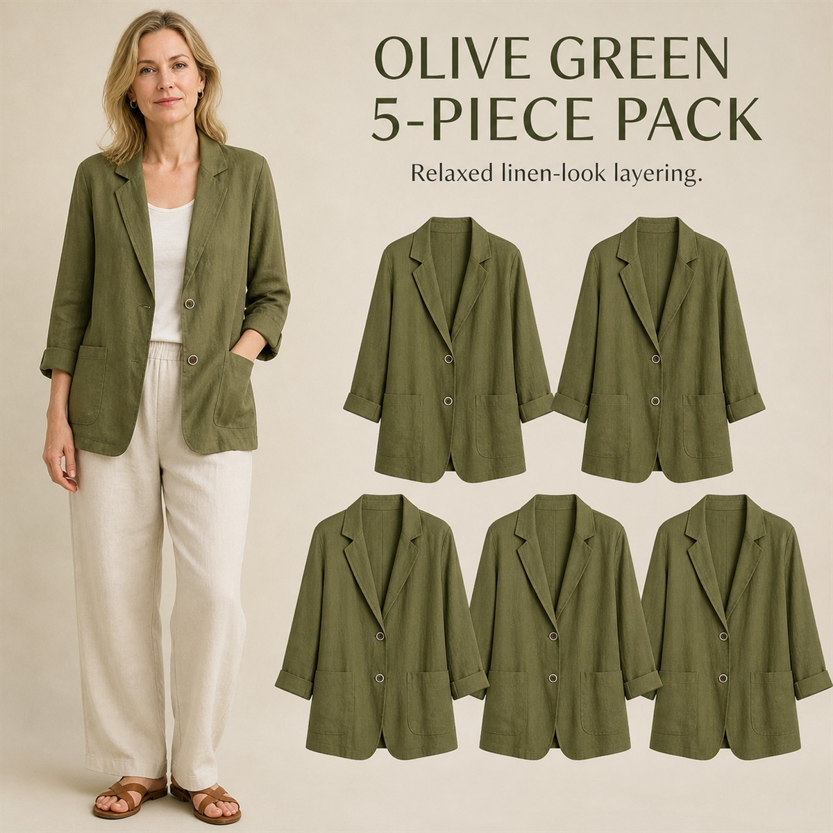 Women's Relaxed Linen-Look Three-Quarter Sleeve Blazer - 5-Piece Olive Green Set - $23.99
