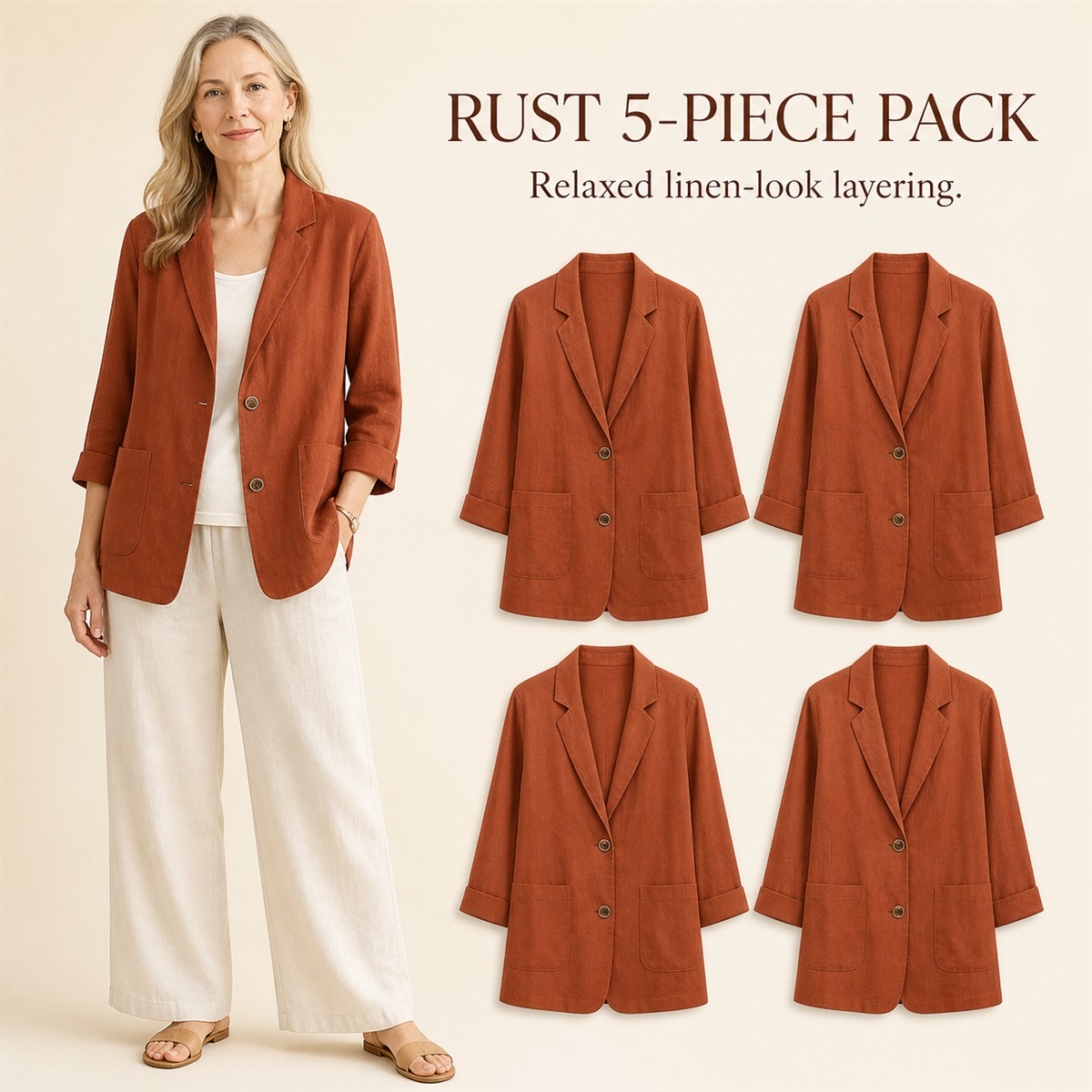 Women's Relaxed Linen-Look Three-Quarter Sleeve Blazer - 5-Piece Rust Set - $23.99
