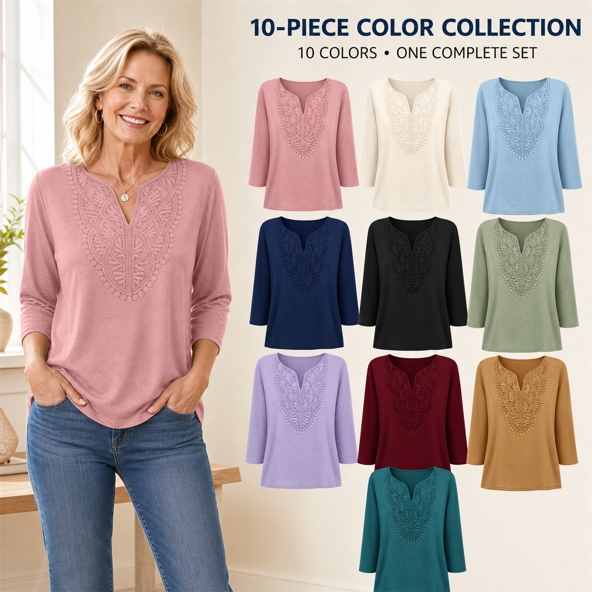 Women's Crochet-Yoke Three-Quarter Sleeve Split-Neck Top - 10-Pack Complete Color Collection - $38.99