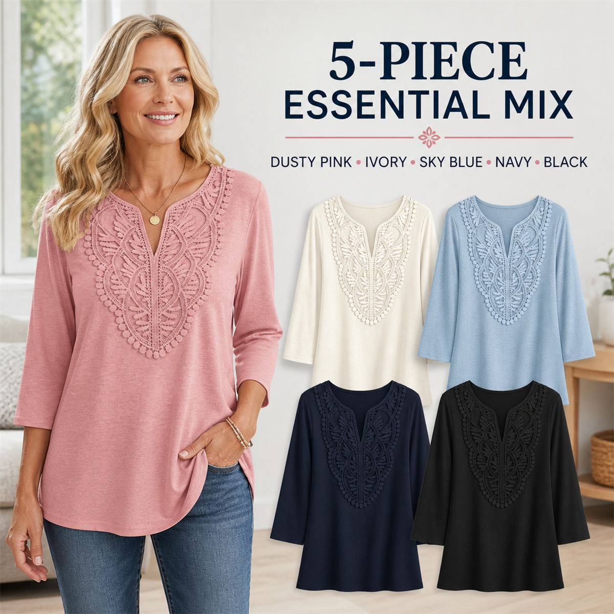 Women's Crochet-Yoke Three-Quarter Sleeve Split-Neck Top - 5-Piece Classic Color Set - $30.99