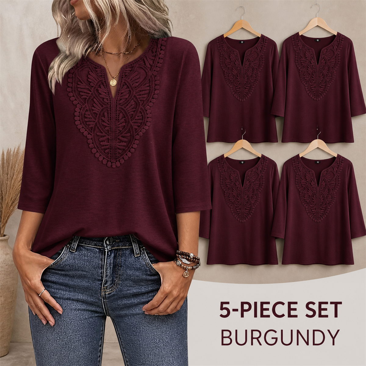 Women's Crochet-Yoke Three-Quarter Sleeve Split-Neck Top - 5-Piece Burgundy Set - $22.99