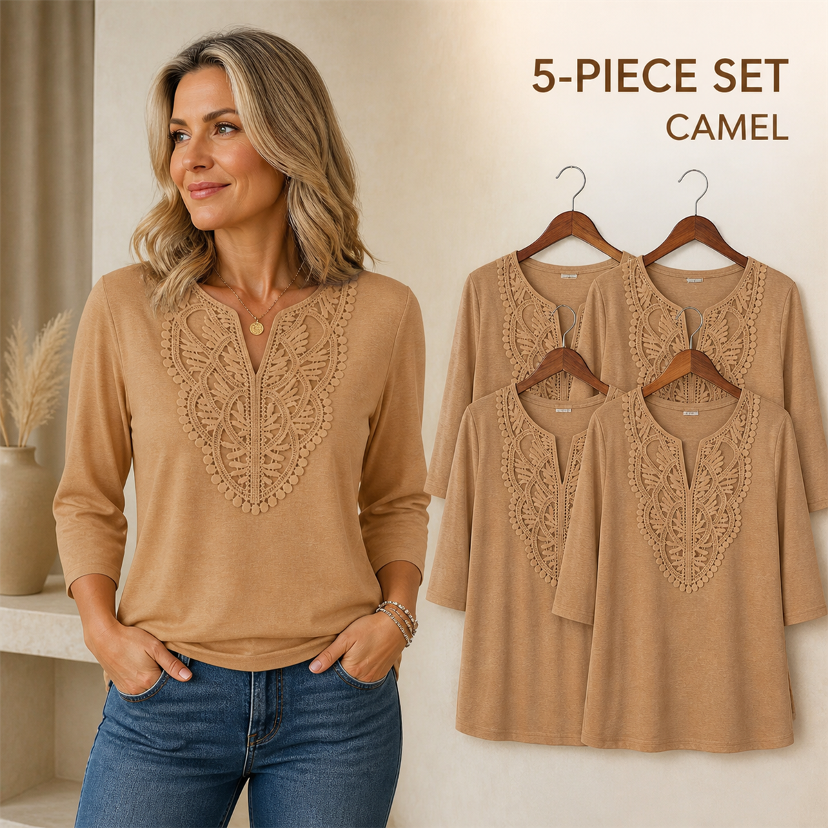 Women's Crochet-Yoke Three-Quarter Sleeve Split-Neck Top - 5-Piece Camel Set - $22.99