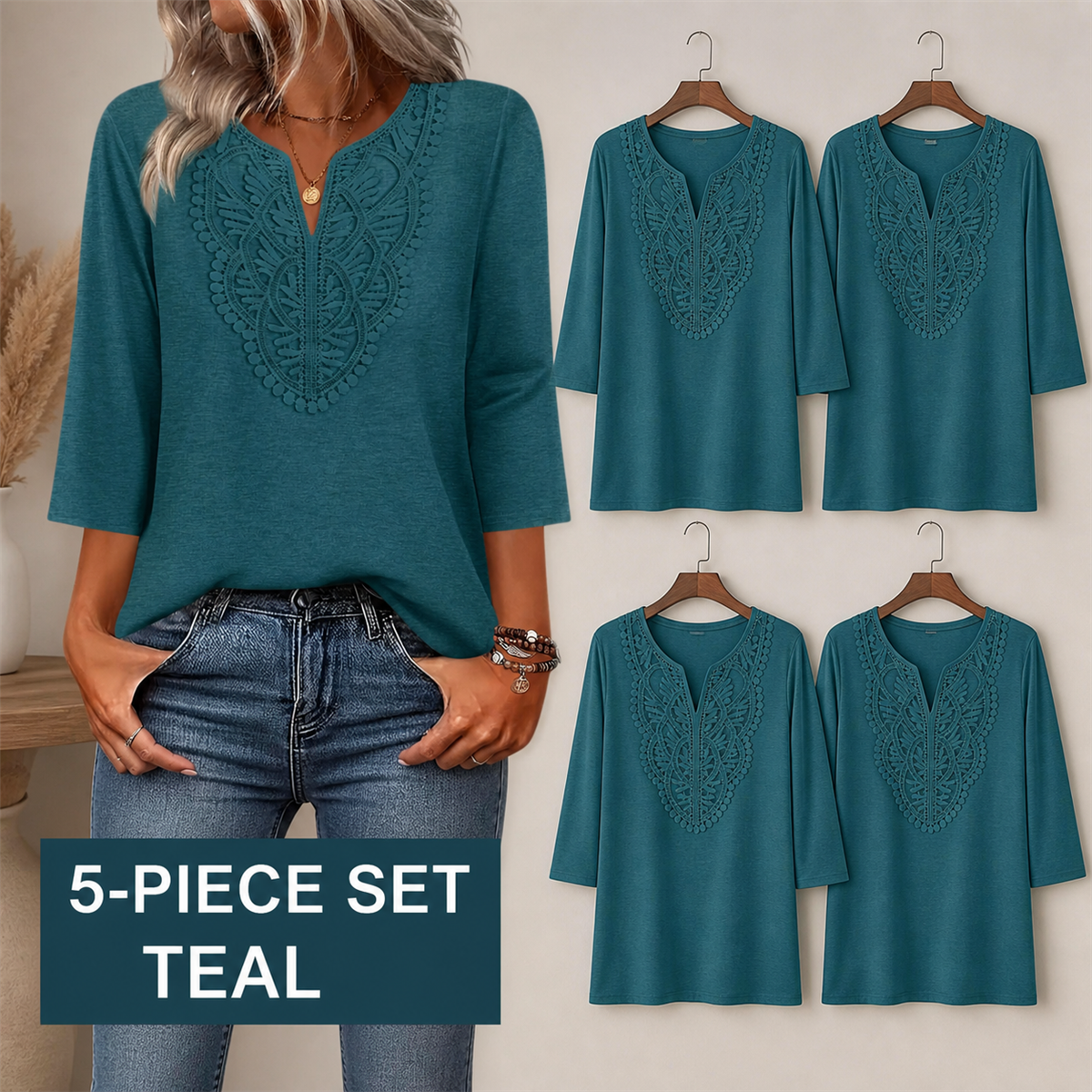 Women's Crochet-Yoke Three-Quarter Sleeve Split-Neck Top - 5-Piece Teal Set - $22.99