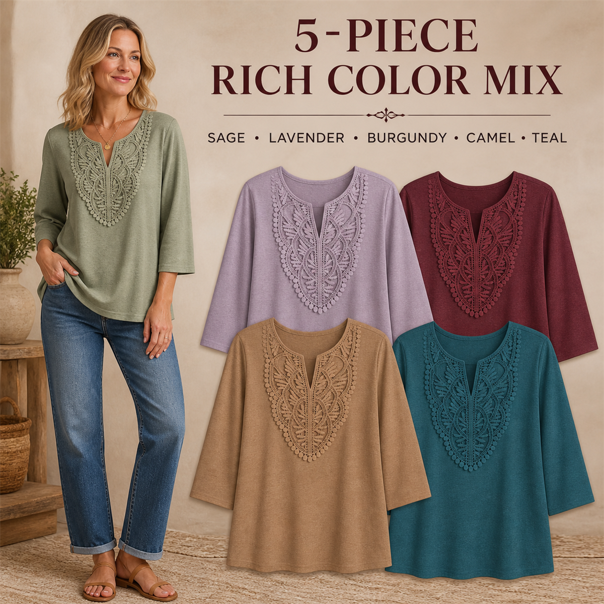 Women's Crochet-Yoke Three-Quarter Sleeve Split-Neck Top - 5-Piece Soft Color Set - $30.99