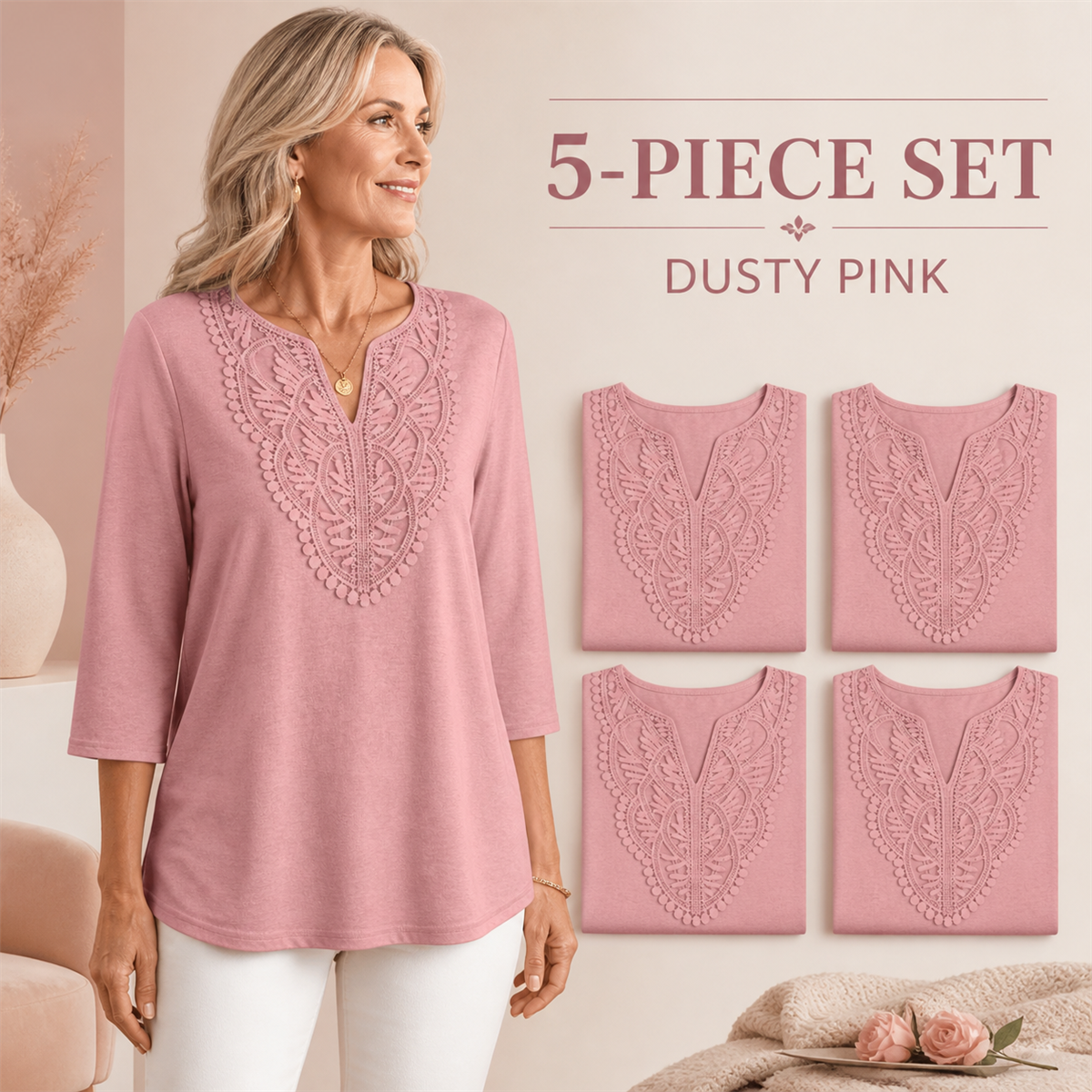 Women's Crochet-Yoke Three-Quarter Sleeve Split-Neck Top - 5-Piece Dusty Pink Set - $22.99