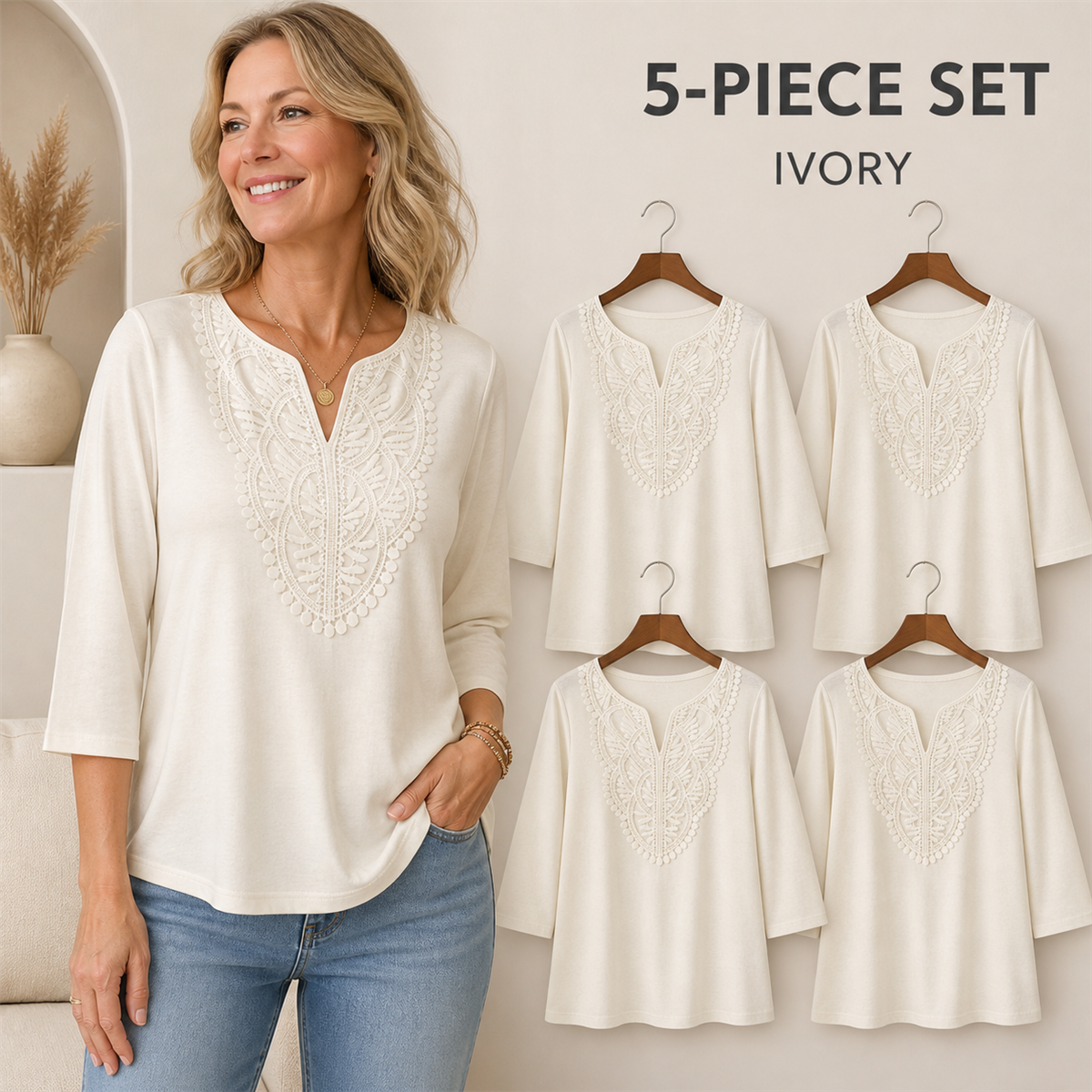 Women's Crochet-Yoke Three-Quarter Sleeve Split-Neck Top - 5-Piece Ivory Set - $22.99