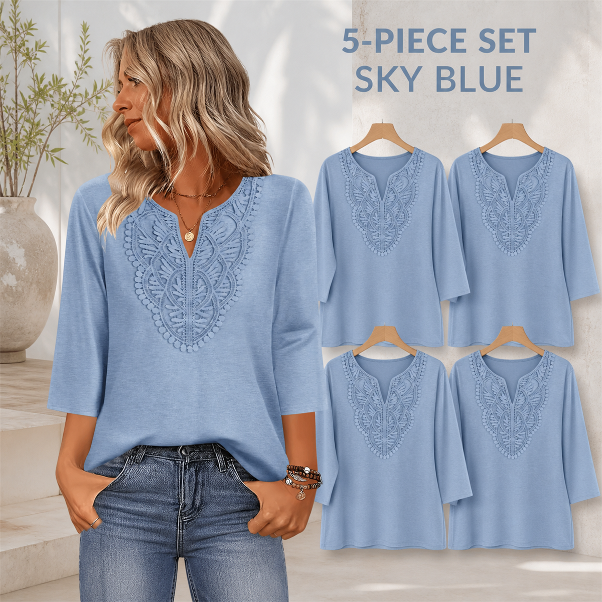 Women's Crochet-Yoke Three-Quarter Sleeve Split-Neck Top - 5-Piece Sky Blue Set - $22.99