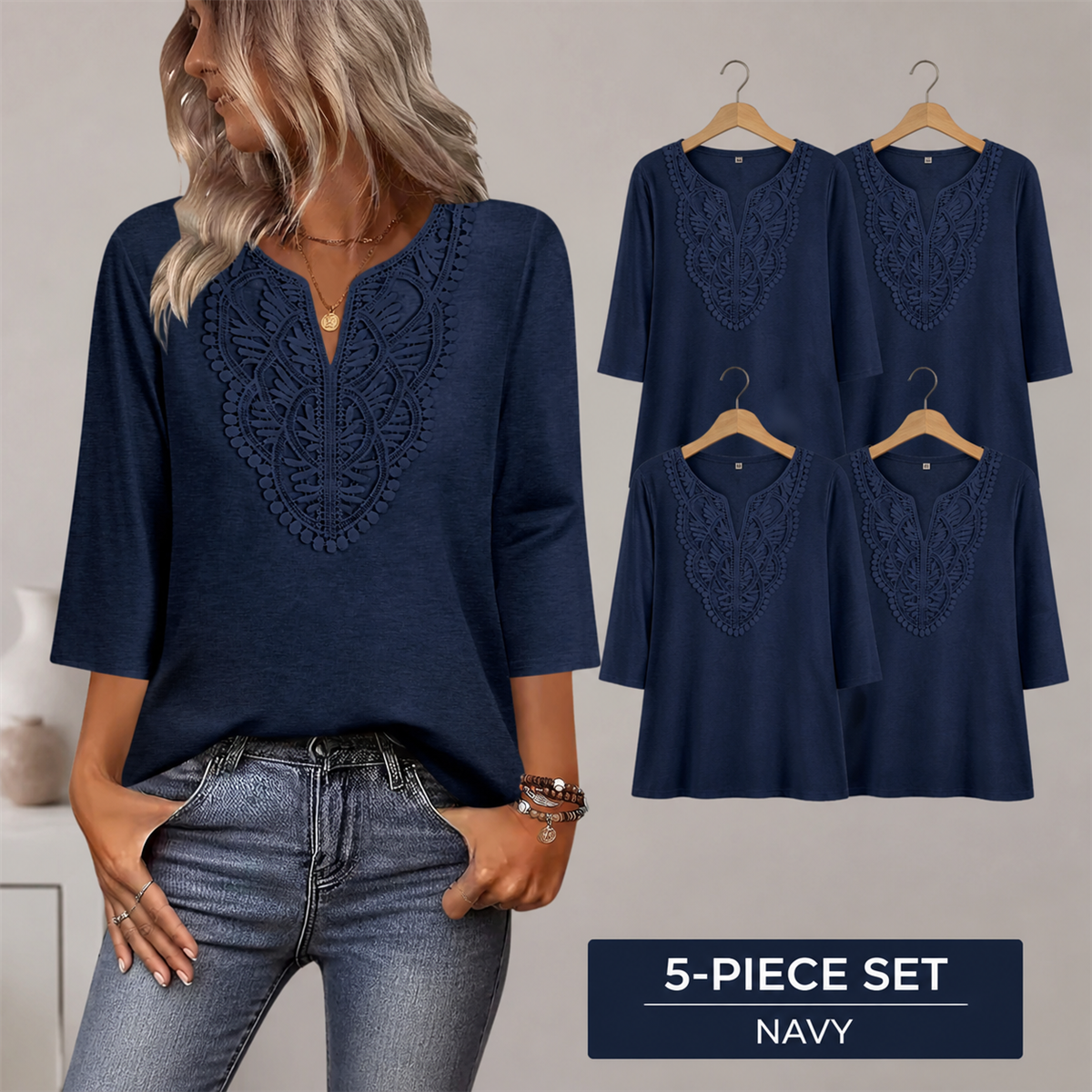 Women's Crochet-Yoke Three-Quarter Sleeve Split-Neck Top - 5-Piece Navy Set - $22.99