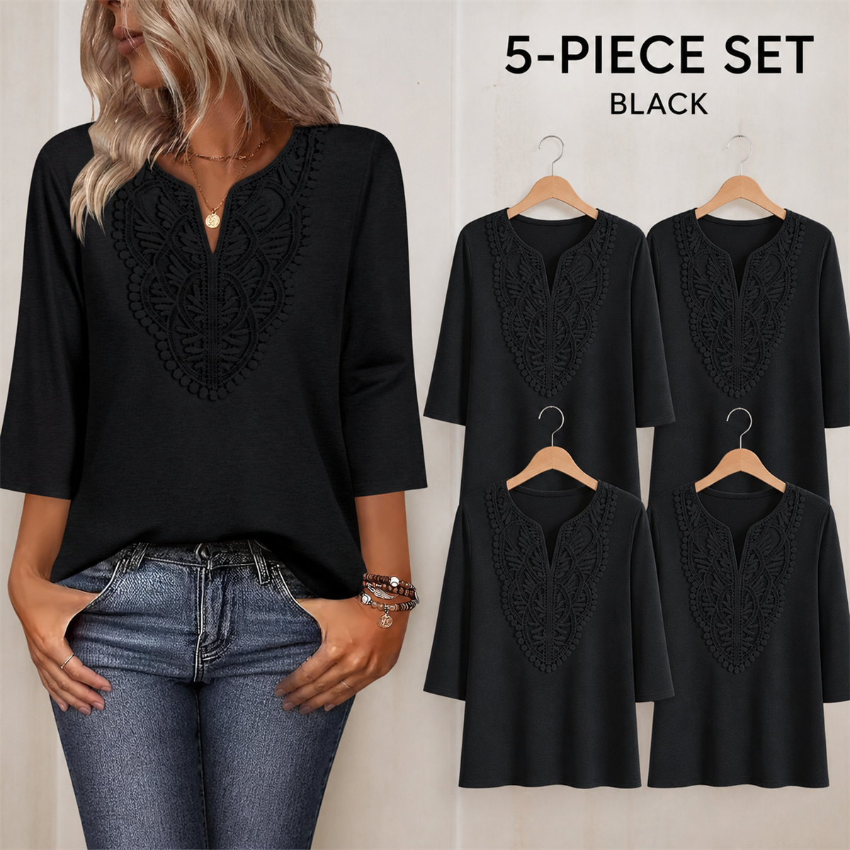 Women's Crochet-Yoke Three-Quarter Sleeve Split-Neck Top - 5-Piece Black Set - $22.99