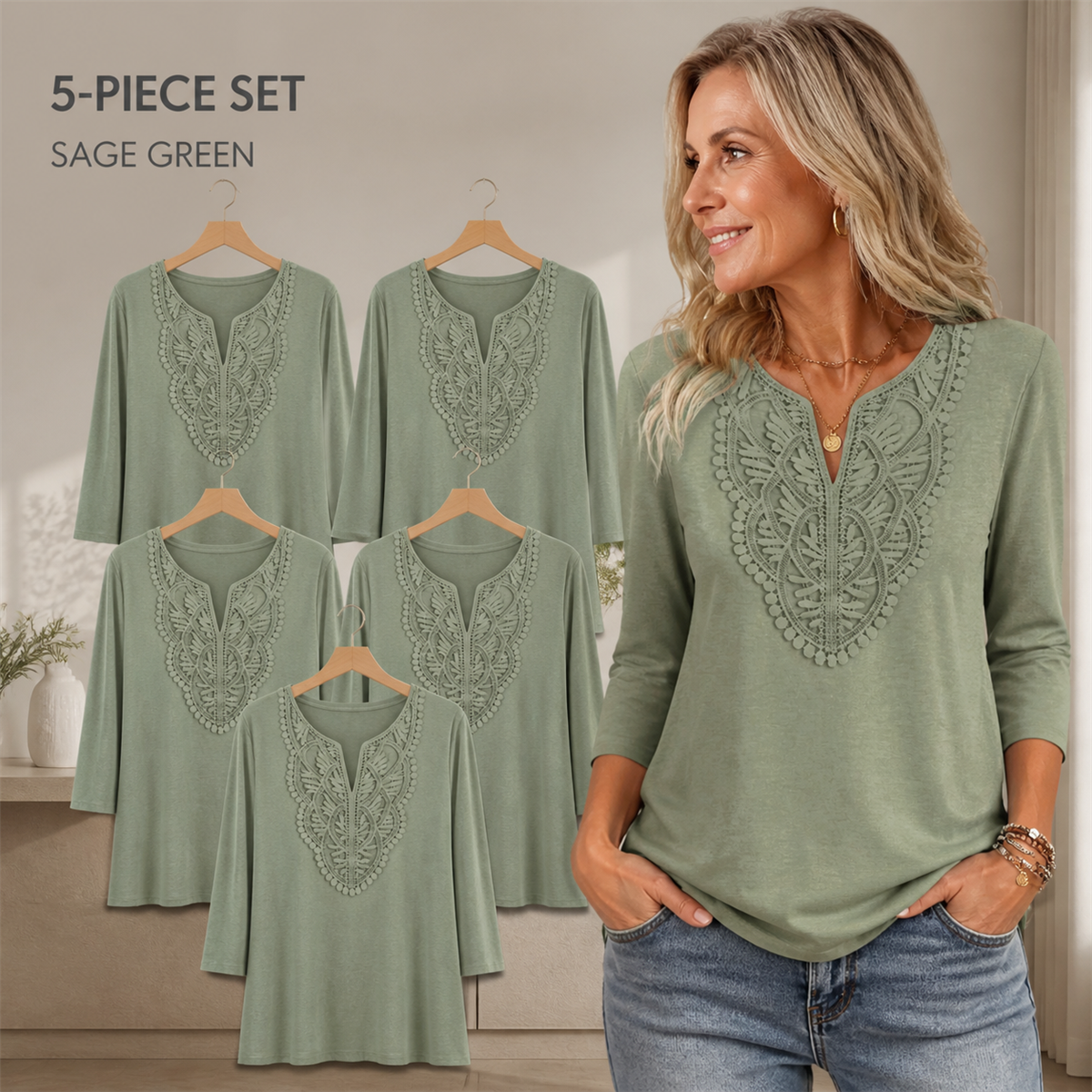Women's Crochet-Yoke Three-Quarter Sleeve Split-Neck Top - 5-Piece Sage Green Set - $22.99