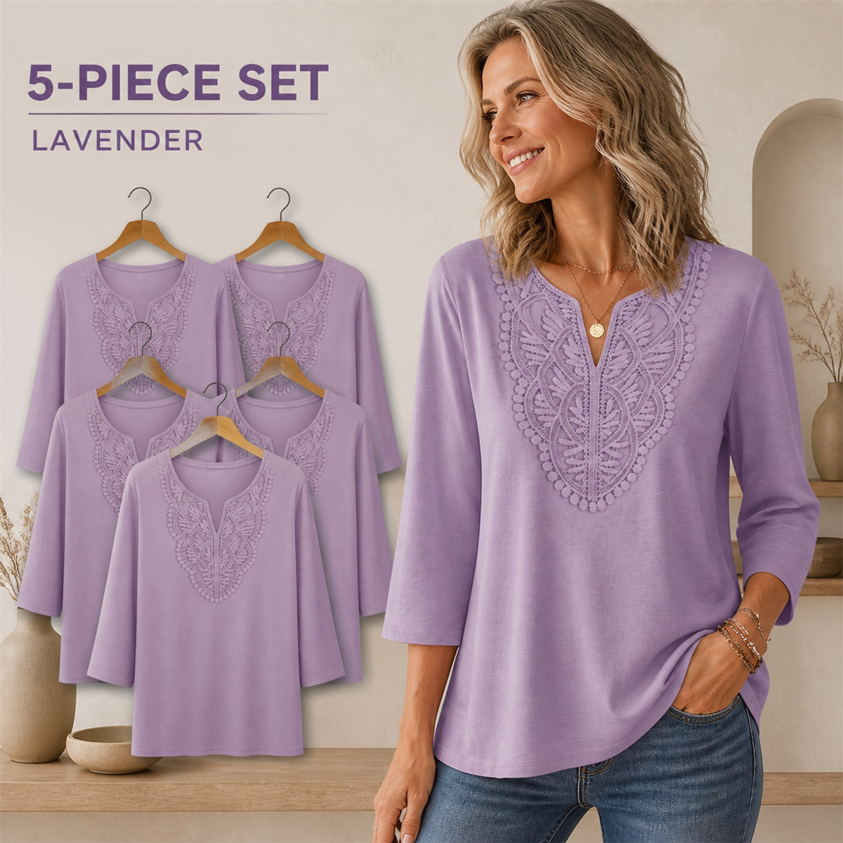 Women's Crochet-Yoke Three-Quarter Sleeve Split-Neck Top - 5-Piece Lavender Set - $22.99