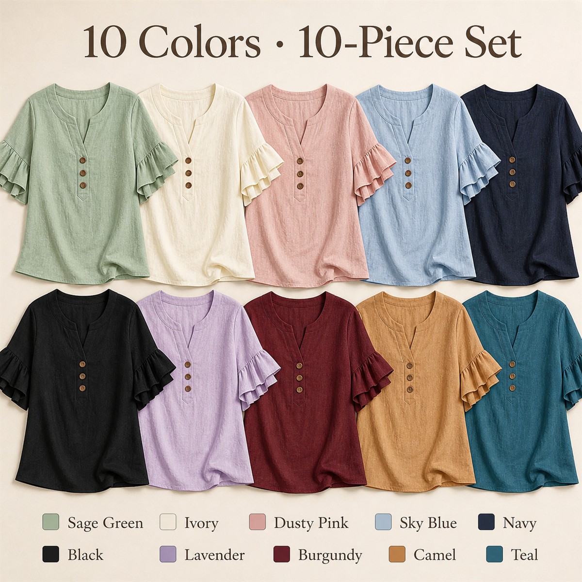 Women's Textured Split-Neck Button Flutter-Sleeve Top - 10-Pack Complete Color Collection - $37.99