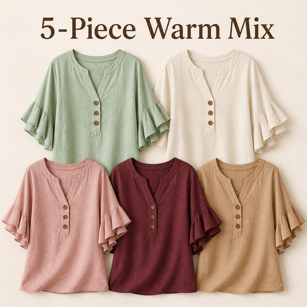 Women's Textured Split-Neck Button Flutter-Sleeve Top - 5-Piece Classic Color Set - $29.99