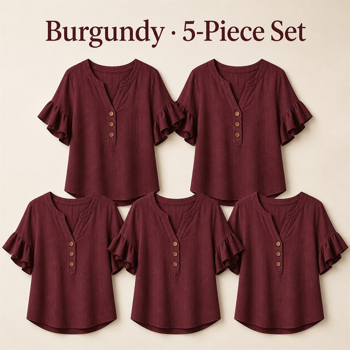Women's Textured Split-Neck Button Flutter-Sleeve Top - 5-Piece Burgundy Set - $21.99